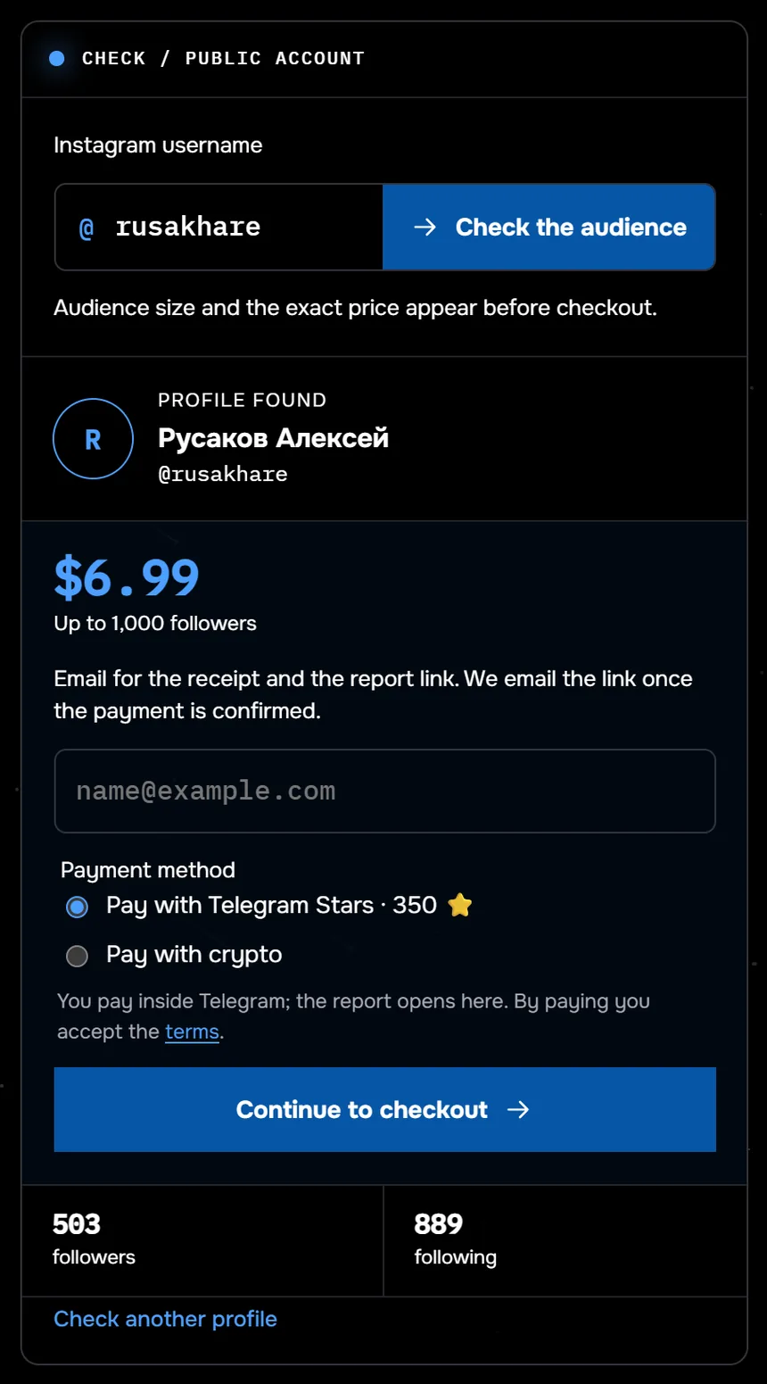Sled audience check page: profile @rusakhare found, $6.99 for up to 1,000 followers, email field for the receipt, payment by Telegram Stars or crypto, Continue to checkout button, counters showing 503 followers and 889 following.